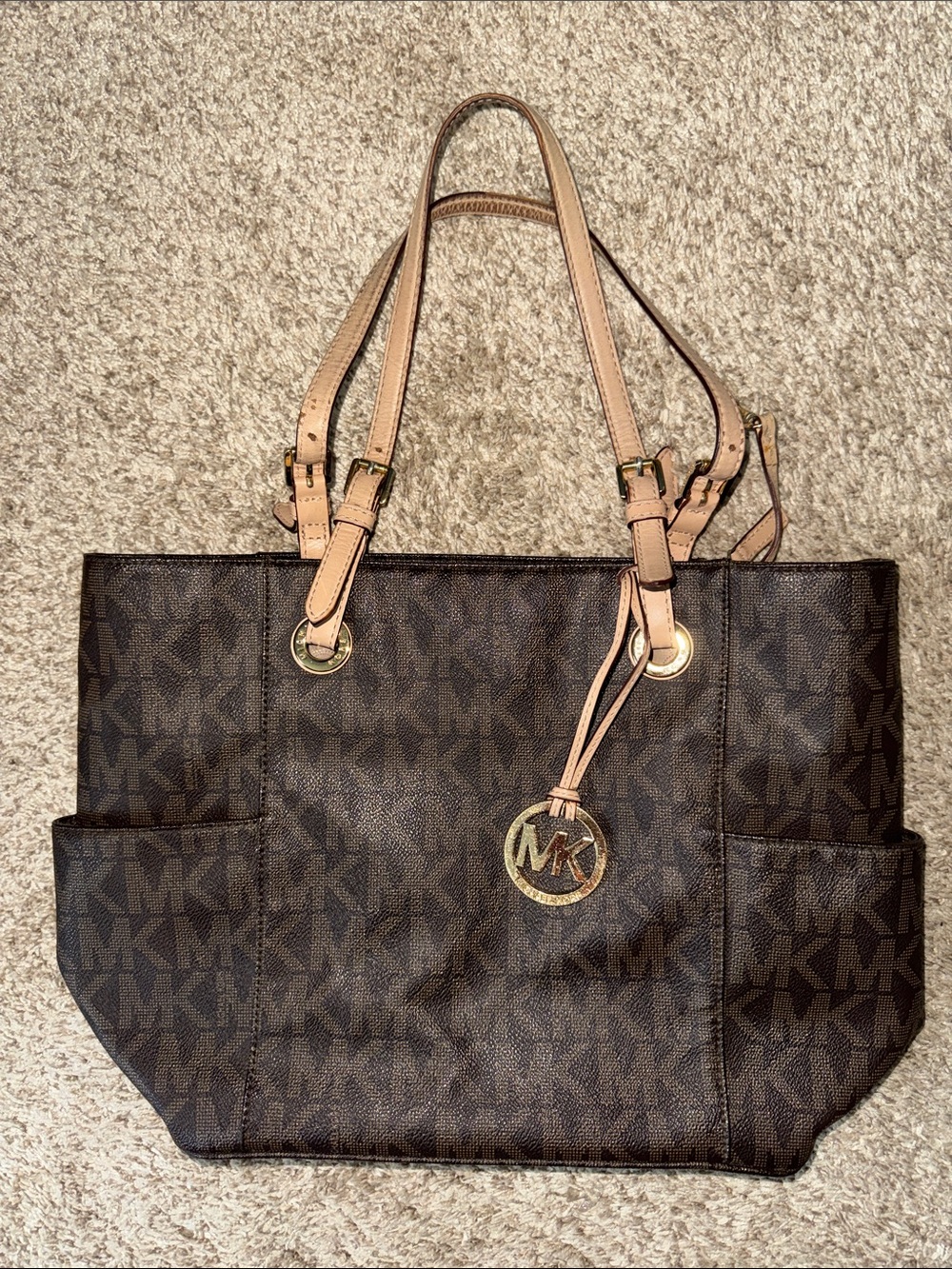 Michael Kors Brown Logo Tote with Tan Straps and Gold Charm
